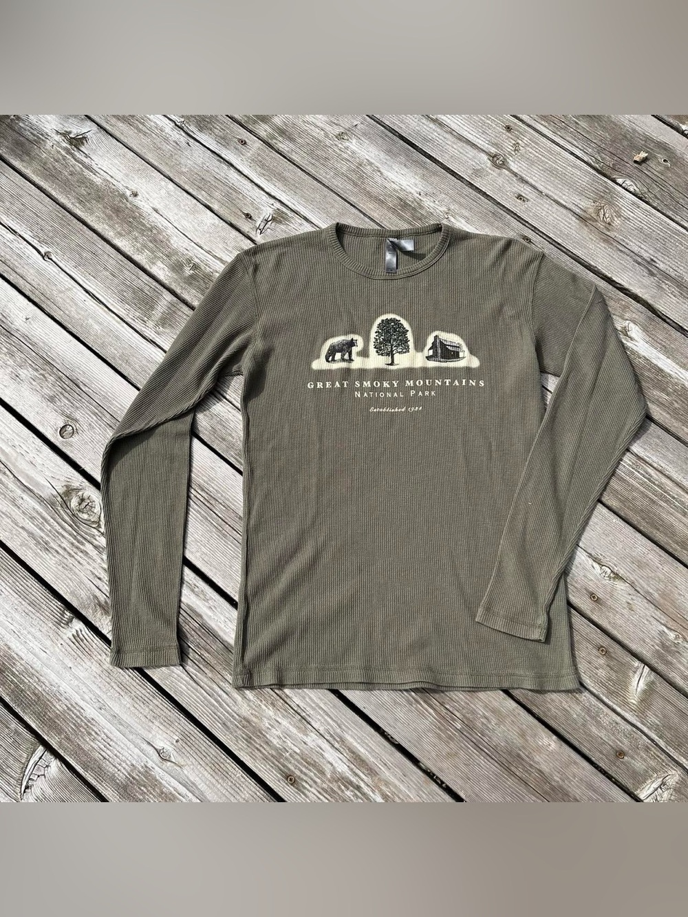 Ouray Sportswear army green waffle knit great smoky mountains shirt